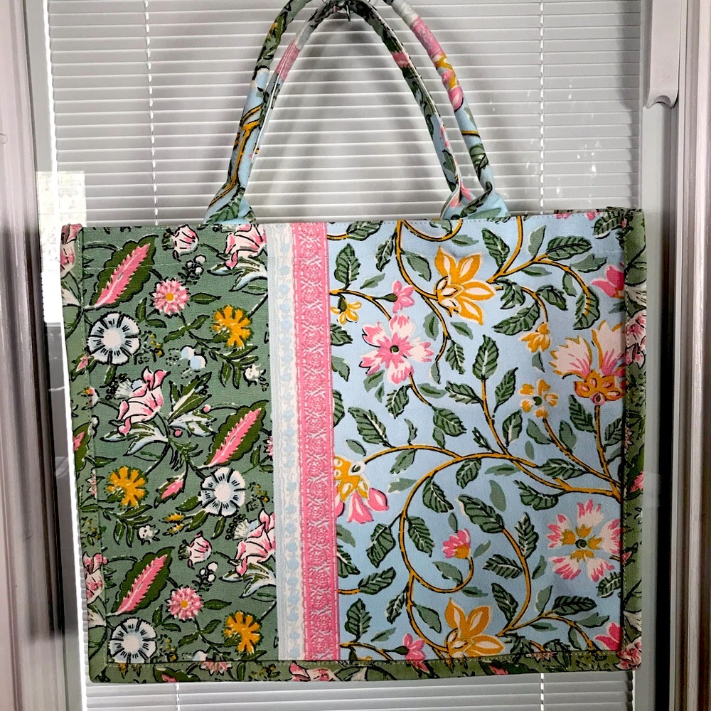Floral Green and Blue Tote Bag